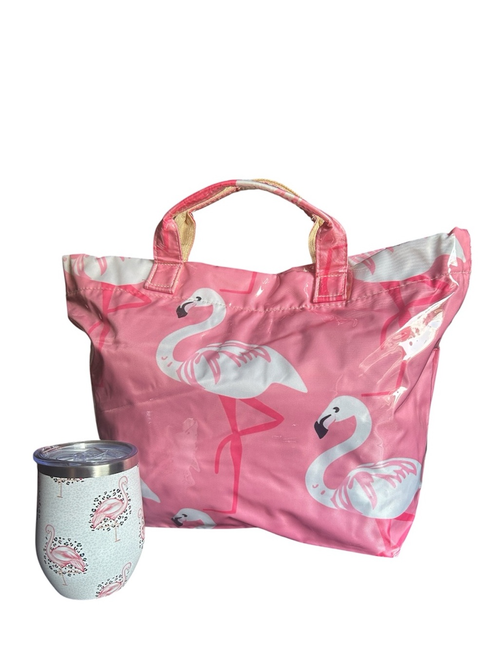 Glossy Pink Flamingo Tote Bag & Coordinating 12oz Flamingo Steel Tumbler & Lid